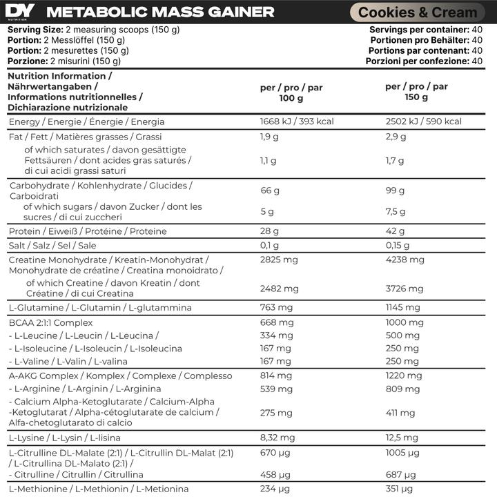 Nährwerte und Zutaten DY Nutrition Metabolic Mass (Cookies & Cream, 1 Stk., 6000 g)