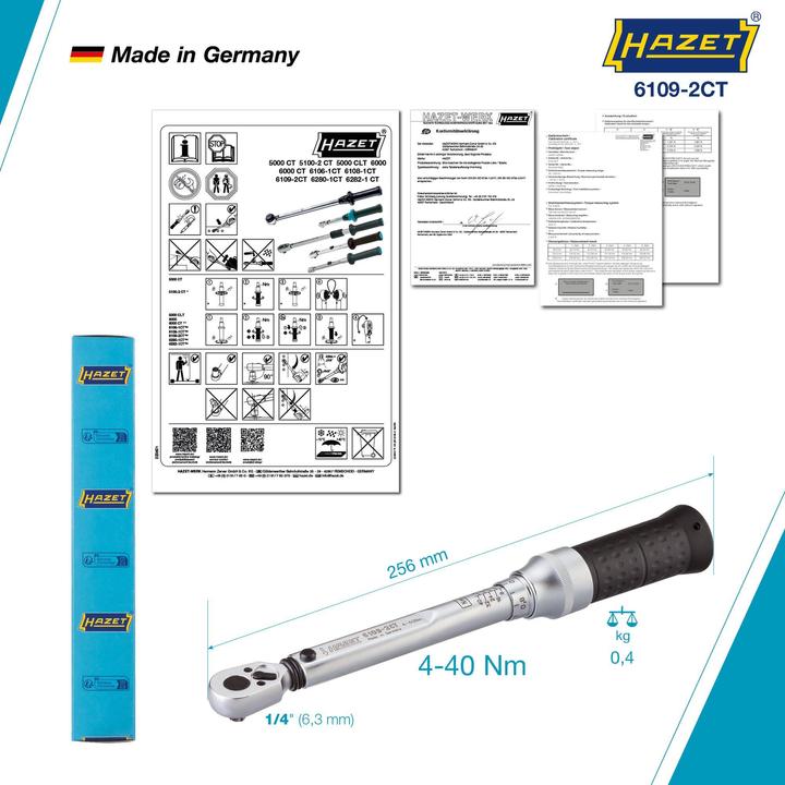 Produktbild HAZET Drehmomentschlüssel 6109-2CT ∙ Nm min-max: 4 - 40 Nm ∙ Toleranz: 2% ∙ Vierkant 6,3 mm (1/4 Zo… (1/4", 4 Nm, 40 Nm)