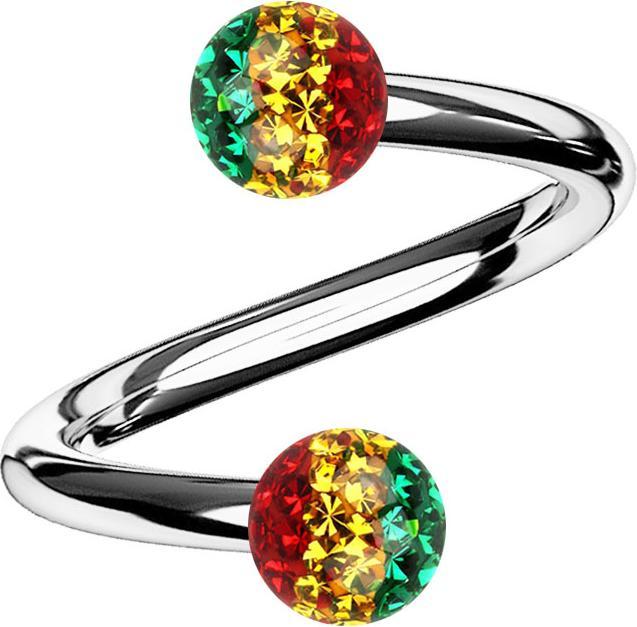 Star Piercing Spirale silber mit zwei Kristall Kugeln Rasta Epoxy Schutzschicht (ohne Messing, Chirurgenstahl 316L)