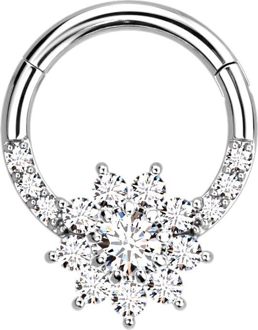 Star Piercing Micro Segmentring klappbar silber front Kristalle silber und Blume (Chirurgenstahl 316L, ohne Messing)