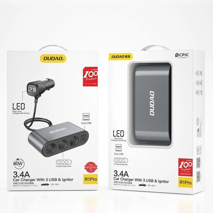 Productafbeelding Dudao autolader 2x USB / 3x sigarettenaansteker splitter zwart (R1Pro zwart)