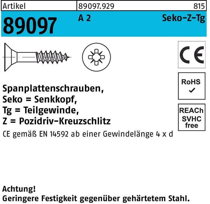 Image du produit Vis pour panneaux d'aggloméré R 89097 SEKO cruciforme PZ TG 6 x 150 -Z A 2 (100 Vis par pièce)