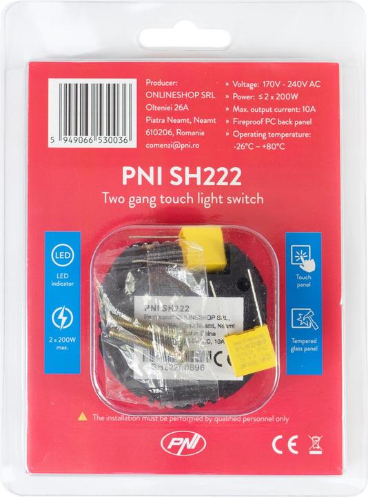 Immagine prodotto PNI SH222 Interruttore a doppio tocco in vetro, nero con display LED, 10 A, 2 x 200 W