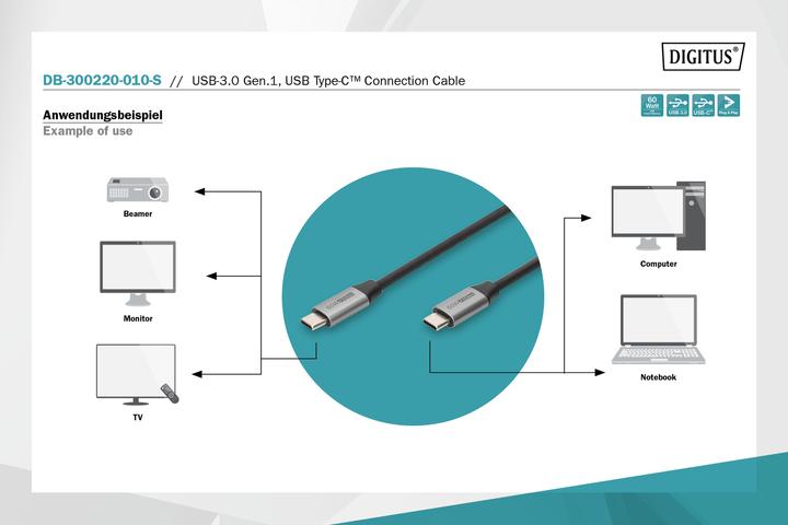 Produktbild Digitus USB-3.0 Gen.1, USB Type -C Anschlusskabel (1 m, USB 3.2 Gen 1, 60 W)