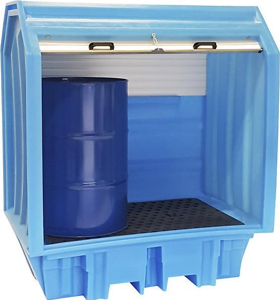 Actual product image kaiserkraft PE hazardous goods storage unit with roller shutter, for 4 x 200 l drums (230 l)