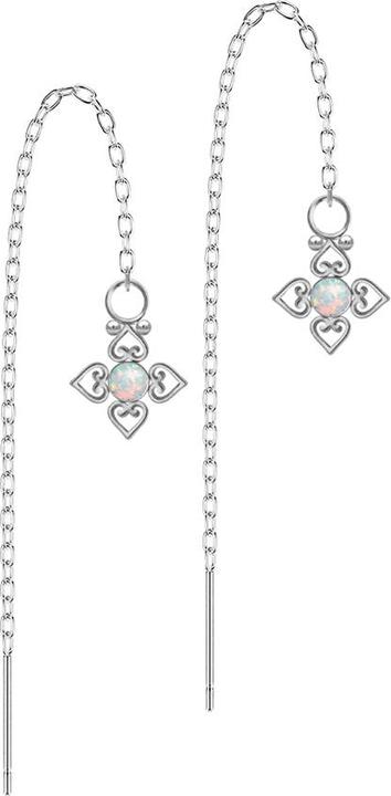 Star Piercing Ohrstecker silber freifallende Kette Opal weiss vier filigrane Herzen (ohne Messing, Chirurgenstahl 316L)