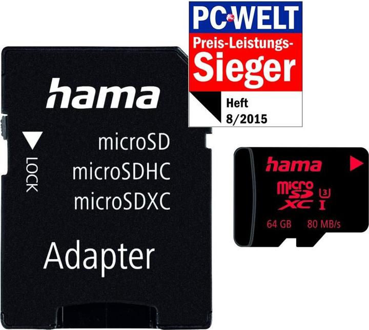 Immagine prodotto Hama microSDXC Classe 3 + adattatore (64 GB, microSDXC, U3, UHS-I)