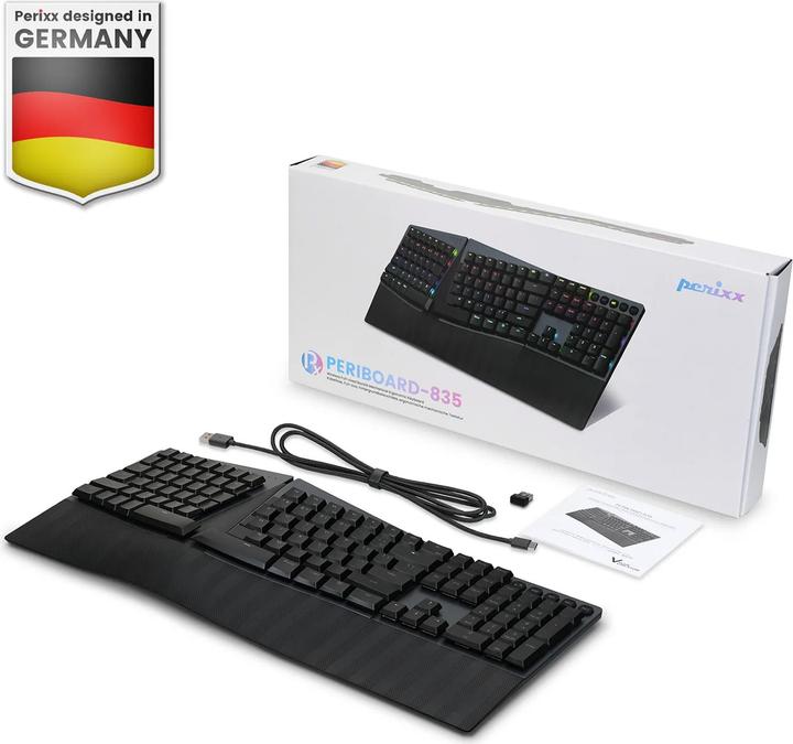 Produktbild Perixx PERIBOARD-835 BR DE, kabellose RGB-beleuchtete ergonomische mechanische Tastatur - flache bra (DE, Kabelgebunden)