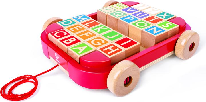 Actual product image Hape Letter blocks in the pull-along trolley