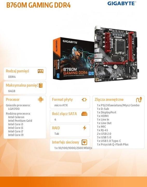 Image du produit Gigabyte MB GBT Intel 1700 B760M GAMING DDR4 (LGA 1700, Intel B760 Express, mATX)