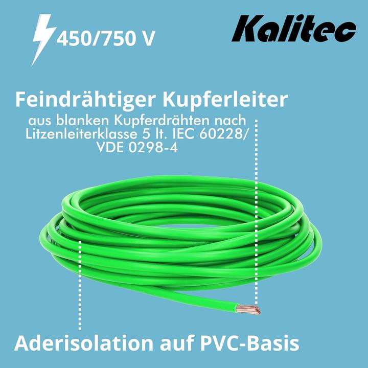 Actual product image Kalitec 10 metres H07V-K 1.5 mm² green Wiring cable I Flexible core cable I PVC single core I L (10 m)