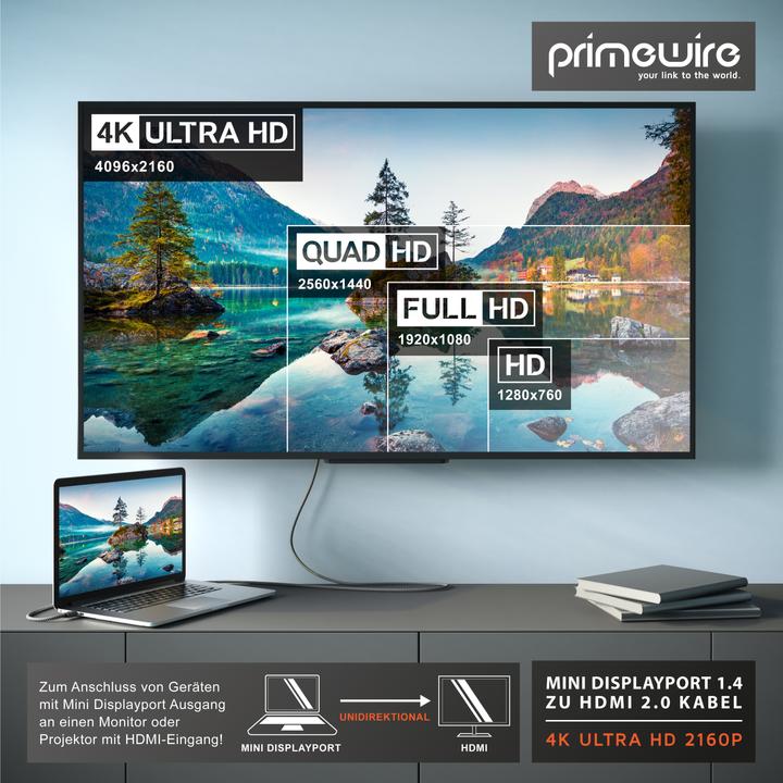 Actual product image Primewire Mini DisplayPort to HDMI Type A Cable, 4k mDP 1.4 to HDMI 2.0 Adapter, 4k@60Hz, Thunderbolt 1-2 (1 m, HDMI, Other)