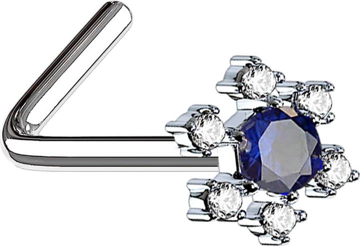 Produktbild Star Piercing Nasenstecker gewinkelt silber Blume mit grossem Kristall blau (Messing, Chirurgenstahl 316L)