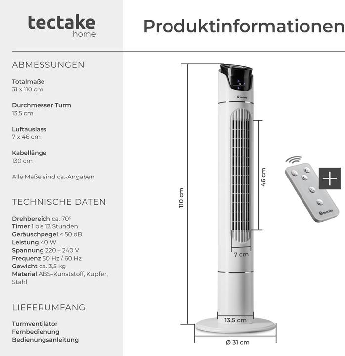 Actual product image tectake Tower fan 110cm (50 dB)
