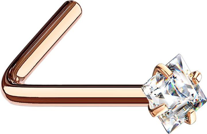 Star Piercing Nasenstecker gewinkelt rosegold quadratischer Kristall silber gefasst (Chirurgenstahl 316L)