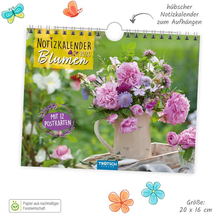 Produktbild Trtsch Notizkalender Querformat Notizkalender Blumen 2026 mit 12 Postkarten (20 x 16 cm, Deutsch)