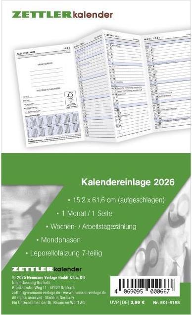 Produktbild Kalender-Ersatzeinlage2026-fürdenTaschenplanerLeporelloTyp501-8,8x15 (9 x 15 cm, Deutsch)
