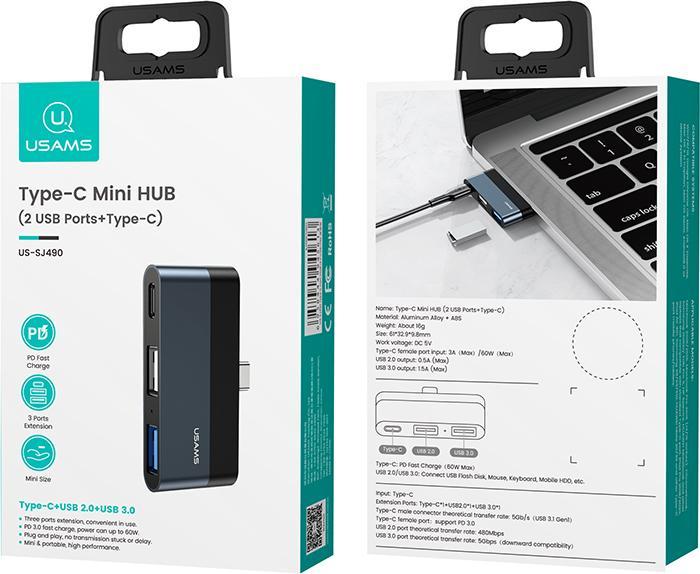 Productafbeelding Usams Adapter HUB USB 2.0USB 3.0USB-C szarygrey SJ490HUB01 US-SJ490 (USB-C, 2 Havens)
