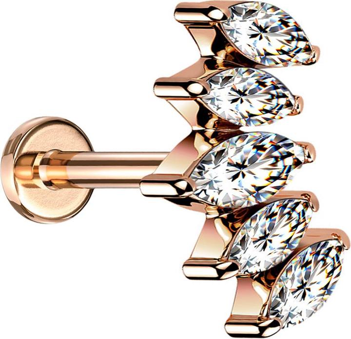 Star Piercing Micro Labret Innengewinde rosegold Fächer mit fünf Kristalle silber (ohne Messing, Chirurgenstahl 316L)
