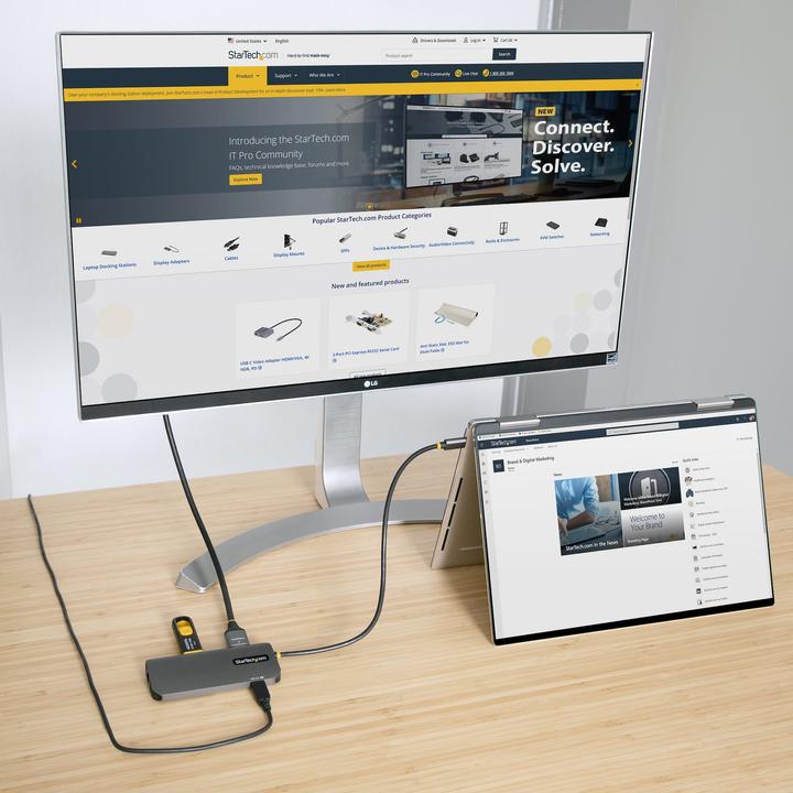 Produktbild StarTech com 127B-USBC-MULTIPORT, Verkabelt, USB 3.2 Gen 1 (3.1 Gen 1) Type-C, 100 W, 10,100,1000 Mb (USB-C, 4 Ports)