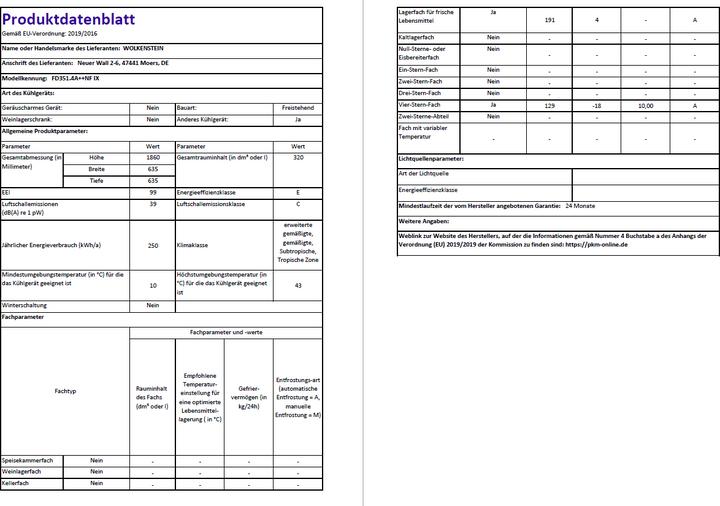 Nutritional values and ingredients Wolkenstein French Door Khlschrank FD351.4A++NFIX BxHxT 63.5 x 185.5 x 68.50 cm Khlteil 191 l Gef (320 l)