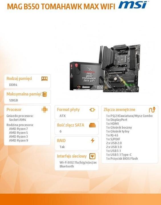 Produktbild MSI Mag B550 Tomahawk Max Wifi (AM4, AMD B550, ATX)