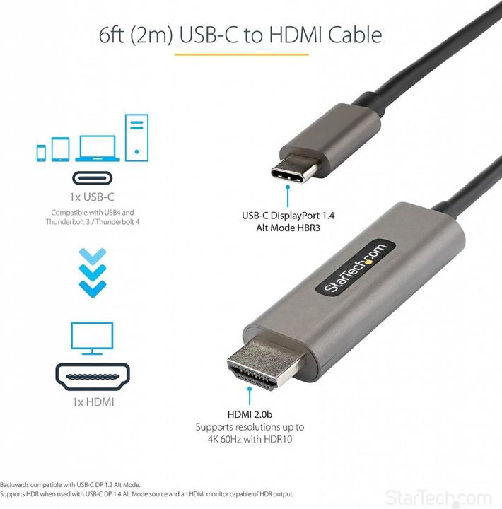 Actual product image StarTech USB C to HDMI Cable with HDR10 - Ultra HD USB Type-C to HDMI 2.0b Video Adapter Cable - USB-C to (2 m, HDMI)
