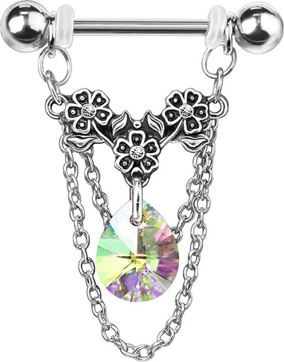 Star Piercing Barbell silber Blumen mit Kristall multicolor und Anhänger Kette (Chirurgenstahl 316L, Messing)