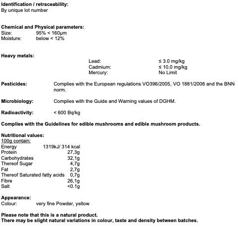 Valeurs nutritives et ingrédients Zimmerli Adaptogene Poudre de Cordyceps (BIO) (1 pièce(s), Poudre, 100 g)