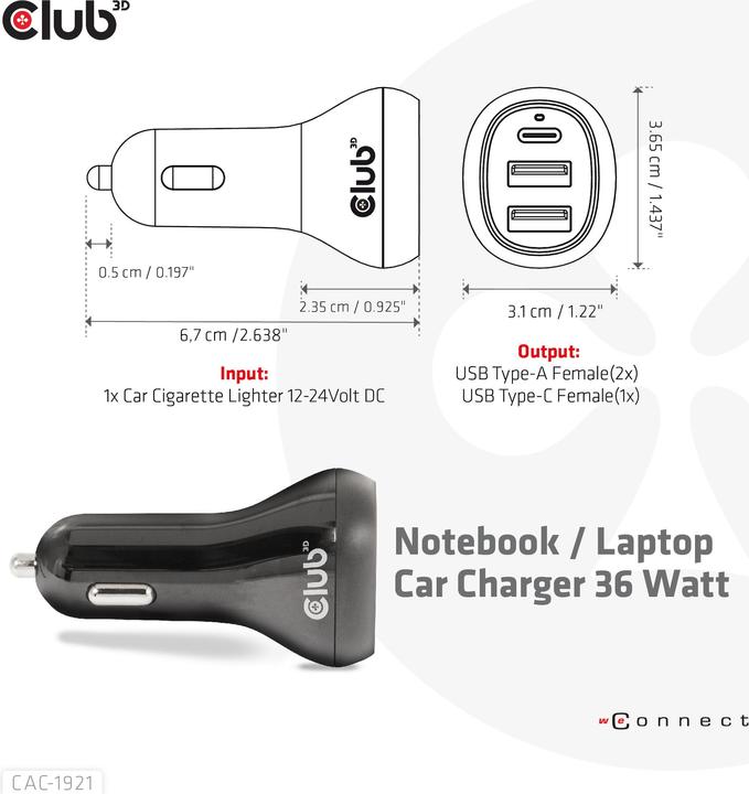 Actual product image Club 3D Club3D USB Car Charger 1xUSB C, 2xUSB A, 36W, 12/24V retail
