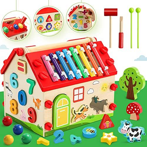 Activity Board Holzsteckhaus - Xylophon Kinderspielzeug ab 1 Jahr - Hammerspiel Holzspielzeug Sortierspiel