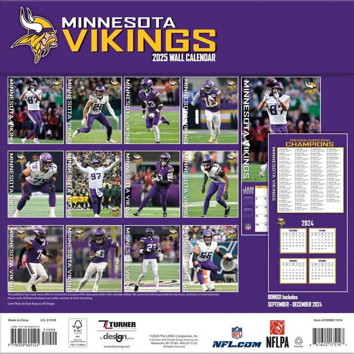 Immagine prodotto NFL - Minnesota Vikings - Calendario da parete della squadra 2025 30,5 x 30,5 cm (30,5 x 30,5 cm, Francese, Italiano, Spagnolo, Tedesco, Inglese)