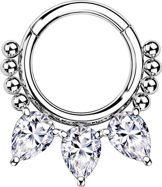 Star Piercing Micro Segmentring klappbar silber Kugeln und drei tropfen Kristalle (Chirurgenstahl 316L, ohne Messing)