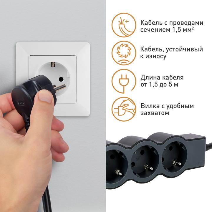 Actual product image Legrand Flat socket strip 5x socket, 1.5 metre cable Black 694556 (5 x, CEE 32/3, 1.50 m)