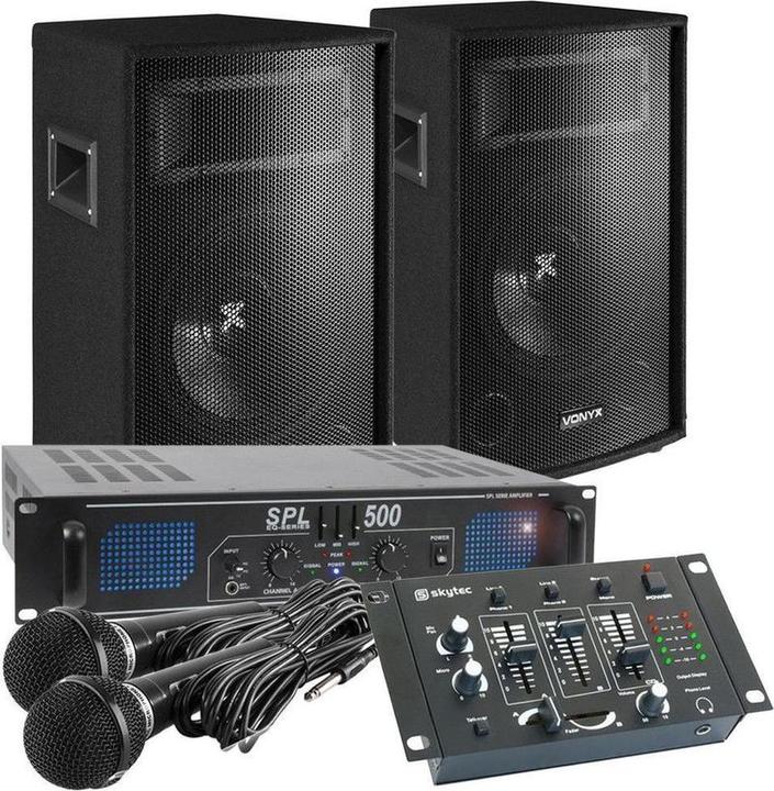 Karaoke set - set completo da 500W con microfoni, mixer, altoparlanti, amplificatore e cabina