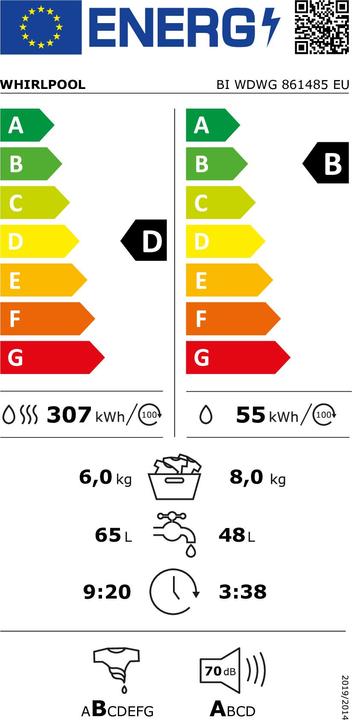 Label énergétique Whirlpool Lave-linge/sèche-linge encastrables BI WDWG 861485 UE