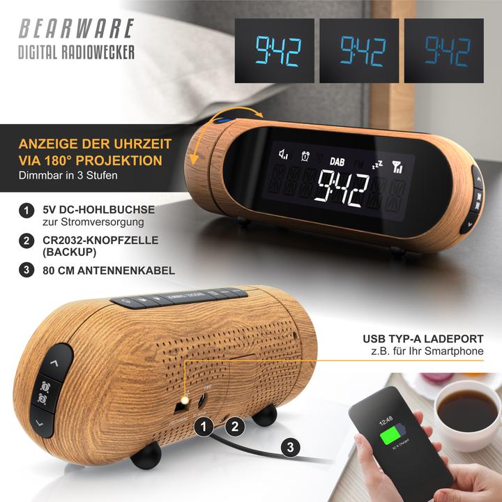 Produktbild Bearware Projektionswecker, Radiowecker DAB Plus, FM & DAB+ Küchenradio digital, Wecker, 4 Helligkeitsstufen