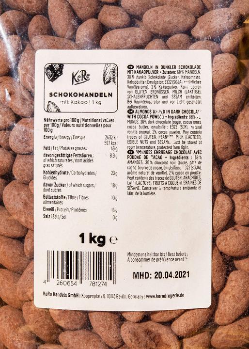 Valeurs nutritives et ingrédients KoRo Amandes au chocolat (1000 g)