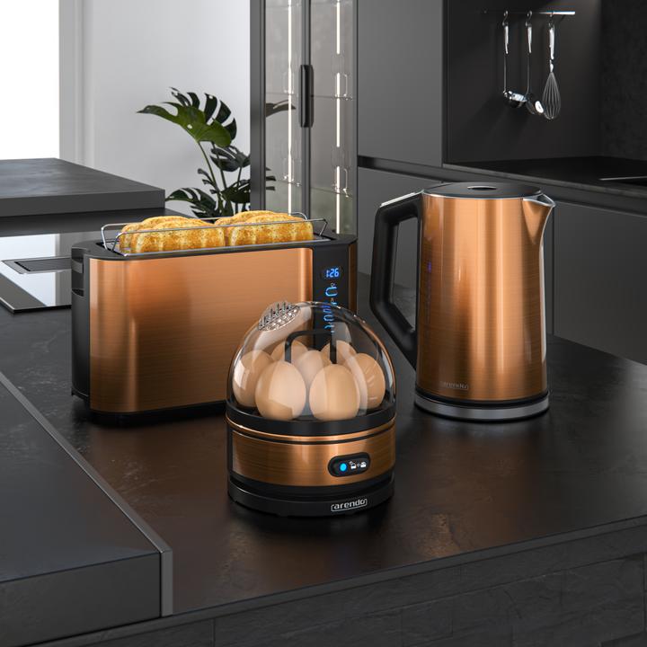 Produktbild Arendo Frühstücks Set, Wasserkocher 1,5l Temperaturwahl, 4-Scheiben Toaster & Eierkocher für 7 Eier, Kupfer