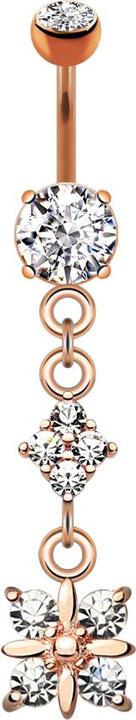Star Piercing Banane rosegold mit zwei Kugeln Kristall silber Anhänger Diamant vier Kristalle (Chirurgenstahl 316L, Messing)