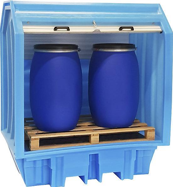 Actual product image kaiserkraft PE hazardous goods storage unit with roller shutter, for 4 x 200 l drums (230 l)