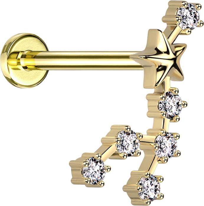 Image du produit Star Piercing Micro Labret femelle plaqué or signe du zodiaque lion avec cristaux (Acier chirurgical 316L, Laiton)