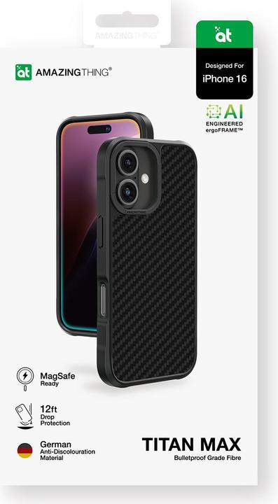 Produktbild Amazingthing Titan Max Case mit 1500D Aramidfasern für iPhone 16 - Schwarz (Apple iPhone 16)