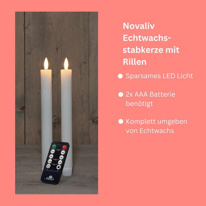 Actual product image Novaliv LED Stabkerzen 24 Stück ECHTWACHS gerippt WEISS - mit Timer Funktion 6 Stunden - 23cm Höhe für (24 x)