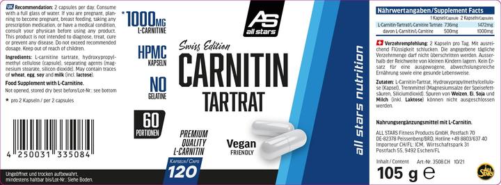 Nutritional values and ingredients All Stars L-Carnitin Tartrat (120 Piece, Capsules, 150 g)