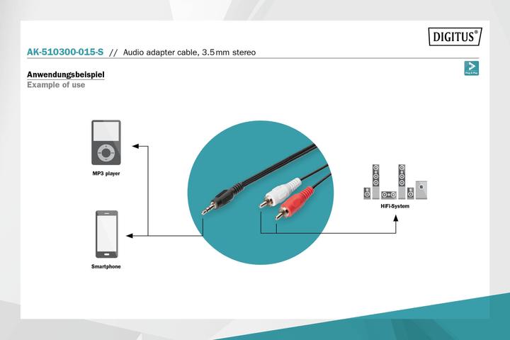 Produktbild Digitus ASSMANN Audio Adapterkabel stereo 3.5mm - 2x RCA 1,50m CCS 2x0.10/10 geschirmt M/M schwarz (1.50 m, Cinch, 3.5mm Klinke (AUX))