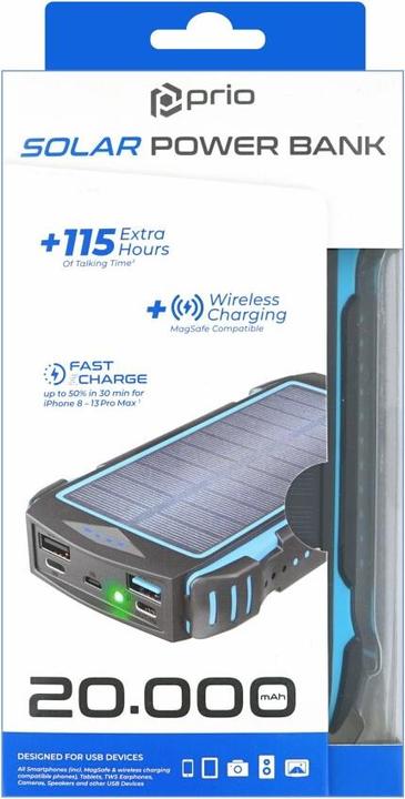 Produktbild prio Solar Fast Charge Lithium-Ion (Li-Ion) Wireless charging Black (20000 mAh, 22.50 W, 74 Wh)