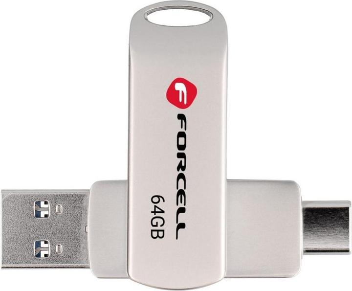 Produktbild Forcell Memory cards F-DATA pendrive Metal Duo 64GB USB3.2 Gen 1 (USB A / Type C) silver (64 GB, USB-C, USB-A)