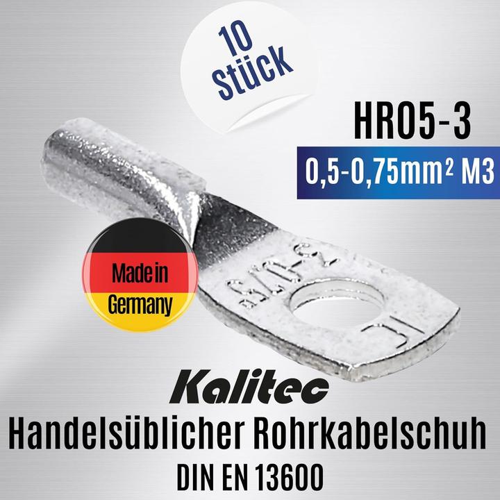 Produktbild Kalitec 10 Stück HR05-3 Handelsübliche Rohrkabelschuhe 0,5-0,75mm² M3 I ohne Sichtloch I Industriequ