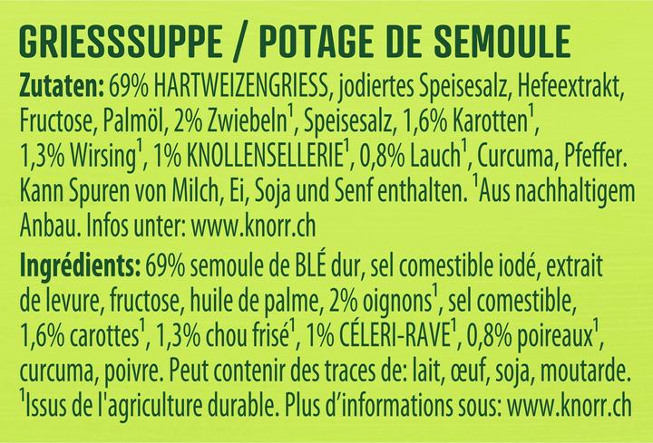 Nährwerte und Zutaten Knorr Graziella Suppe Beutel, Hartweizengriess mit Zwiebeln, Rüebli & Lauch, in 10 Minuten zubereitet